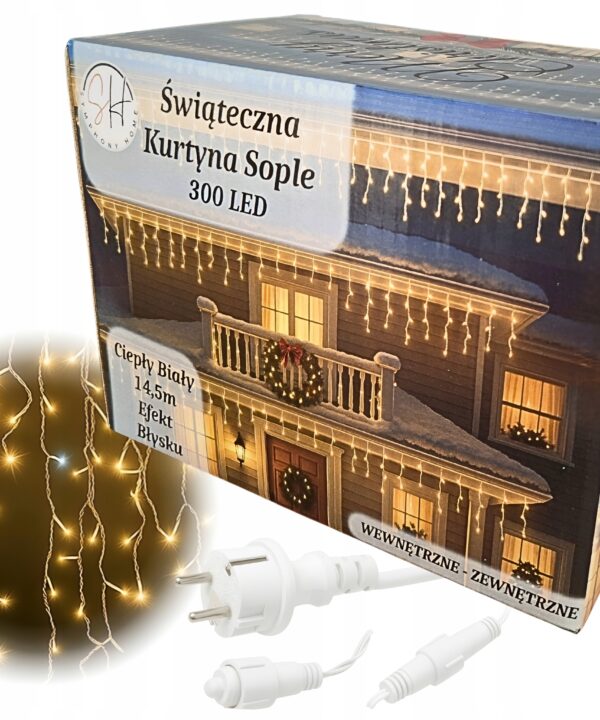 Lampki LED 300 Kurtyna Świetlna Sople ZEWNĘTRZNE Girlanda ciepły biały
