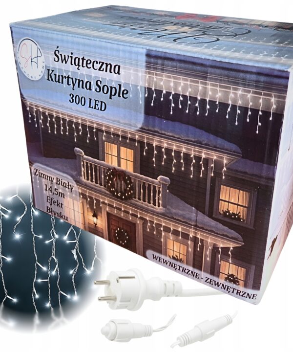 Lampki LED 300 Kurtyna Świetlna Sople ZEWNĘTRZNE Girlanda FLASH zimny biały