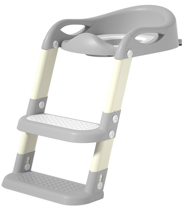 Two-step gray and cream children's step stool with a built-in handle and non-slip treads, used to help kids reach higher surfaces.