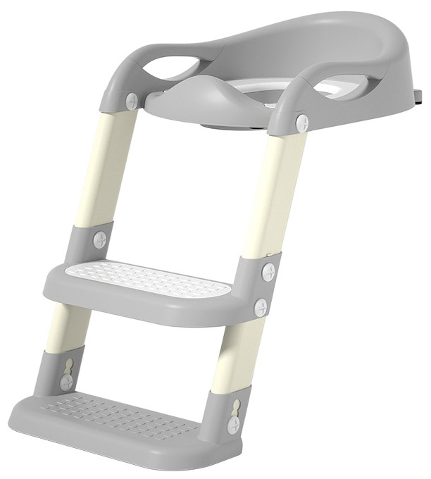 - 1 18 - strefamarki Two-step gray and cream children's step stool with a built-in handle and non-slip treads, used to help kids reach higher surfaces.- 1 18