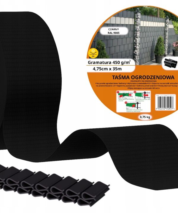 TAŚMA OGRODZENIOWA OSŁONA NA OGRODZENIE PŁOT UV 24KLIPSY 4,75cmx35m czarna
