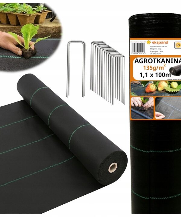 AGROTKANINA 135g 1,1x100m AGROWŁÓKNINA czarna UV antychwastowa mata SZPILKI