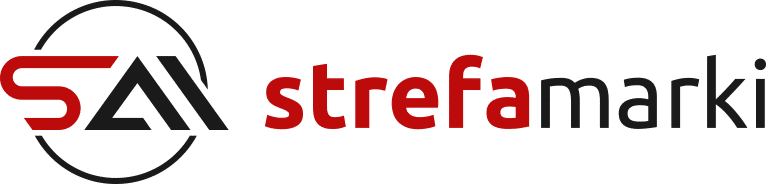 Logo for StrefaMarki: red stylized letters 'S' and 'A' inside a circle, beside the word 'strefamarki' in red and gray.- cropped-strefamarkipng&nbsp;