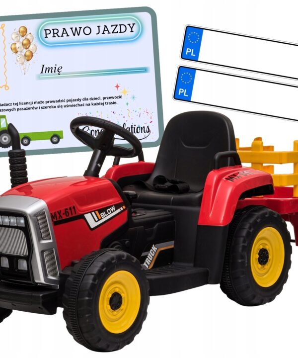 TRAKTOR na akumulator z przyczepką LED muzyka PREZENT dla dziecka czerwony