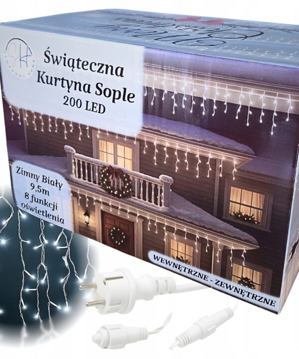 Lampki LED 200 Kurtyna Świetlna Sople ZEWNĘTRZNE Girlanda zimny biały FLASH