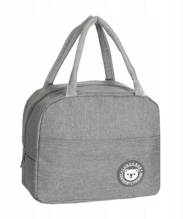 Gray lunch bag with two fabric handles and a circular panda logo on the front.