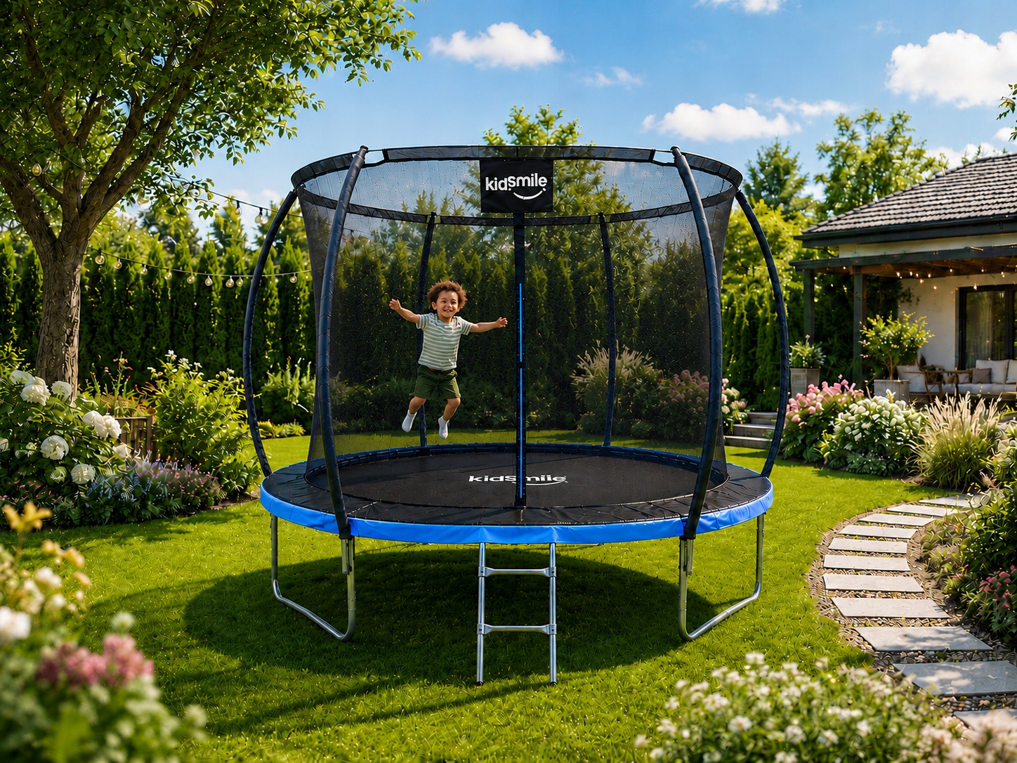- 3b6468074a78b84bf7434f1bf9c2jpg - strefamarki Trampolina ogrodowa z siatką wewnętrzną DZIECI 8FT 252cm drabinka niebieska