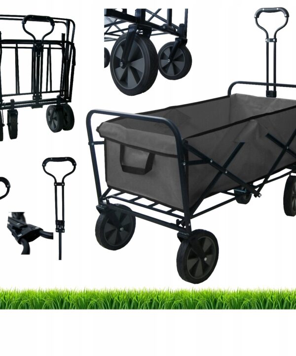 Collage of a folding utility wagon with a handle, wheels, and a fabric tub, shown from multiple angles against a white background with grass at the bottom.