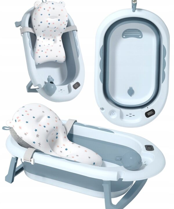 Blue baby bath system with a reclining seat, star-pattern head pillow, and detachable tub for washing and soaking.