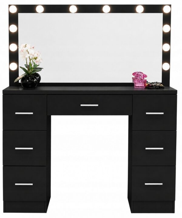 Toaletka 12 LED z lustrem kosmetyczna + taboret do makijażu z oświetleniem