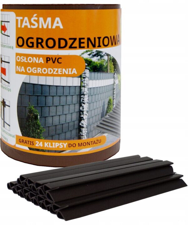Taśma ogrodzeniowa na ogrodzenie płot panelowe +UV 24klipsy 19cmx35m brąz