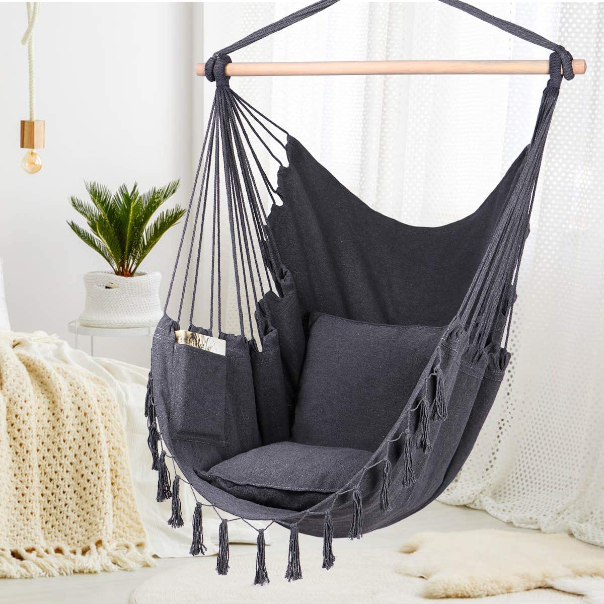 - Krzesło brazylijskie fotel wiszący brazylijski hamak huśtawka 90cm ciemny szary - strefamarki Krzesło brazylijskie fotel wiszący brazylijski hamak huśtawka 90cm ciemny szary