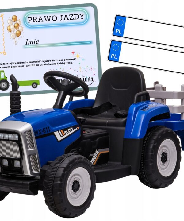 TRAKTOR na akumulator z przyczepką LED muzyka PREZENT dla dziecka niebieski