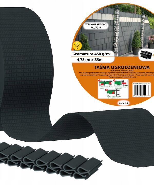 TAŚMA OGRODZENIOWA OSŁONA NA OGRODZENIE PŁOT +UV 24KLIPSY 4,75cmx35m grafit