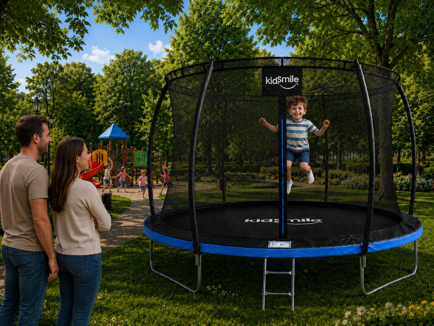 - 7396d90544779b6f8e7fd38d2ea8jpg - strefamarki Trampolina ogrodowa siatką wewnętrzną DZIECI 10FT 312cm drabinka niebieska
