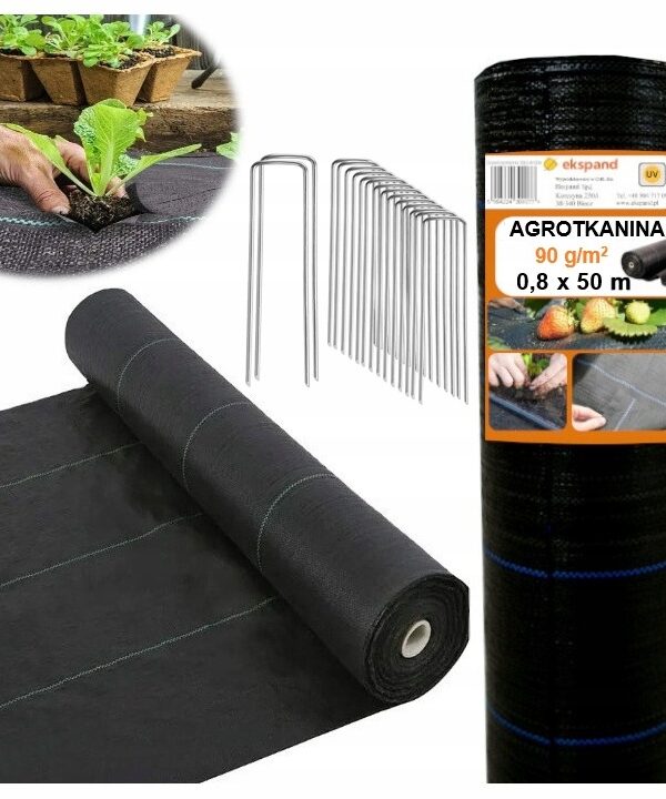 AGROTKANINA 90g 0,8x50m AGROWŁÓKNINA czarna UV antychwastowa mata +SZPILKI