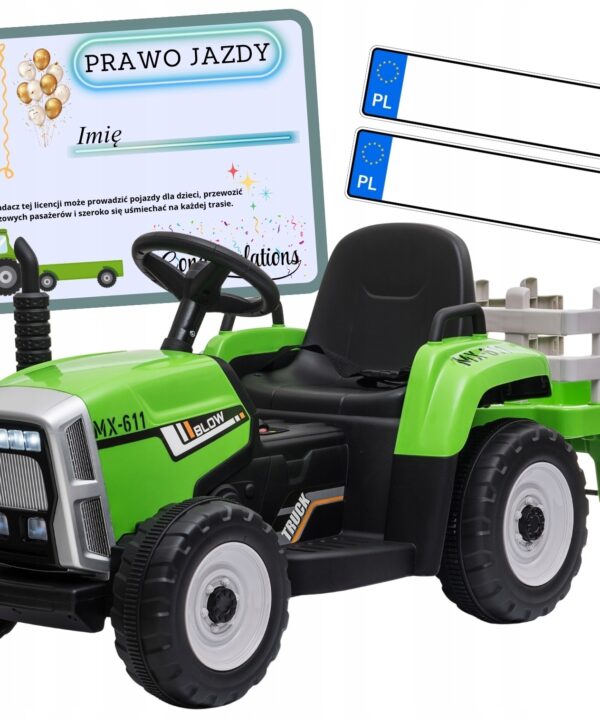 TRAKTOR na akumulator z przyczepką LED muzyka PREZENT dla dziecka zielony