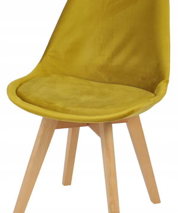 Yellow upholstered dining chair with a tall back and natural wood legs