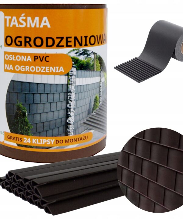 Taśma ogrodzeniowa na ogrodzenie płot panelowe +UV 24klipsy 19cmx35m brąz