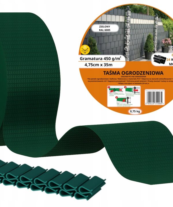 TAŚMA OGRODZENIOWA OSŁONA NA OGRODZENIE PŁOT UV 24KLIPSY 4,75cmx35m zielony