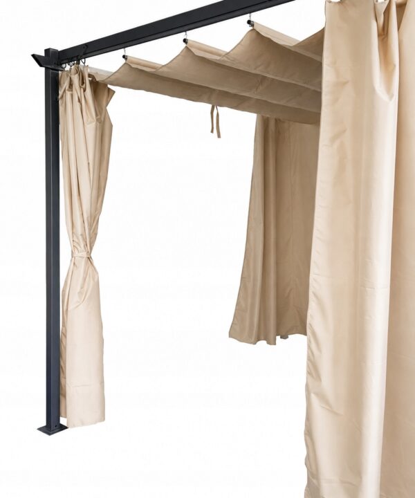 Beige fabric curtains hanging on a black metal frame, with one panel pulled to the side and tied back.