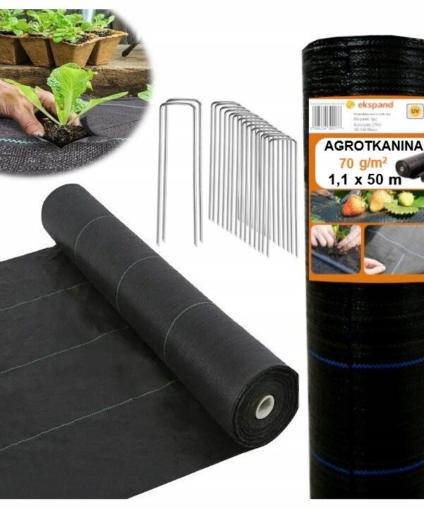 AGROTKANINA 70g 1,1x50m AGROWŁÓKNINA czarna UV antychwastowa mata +SZPILKI