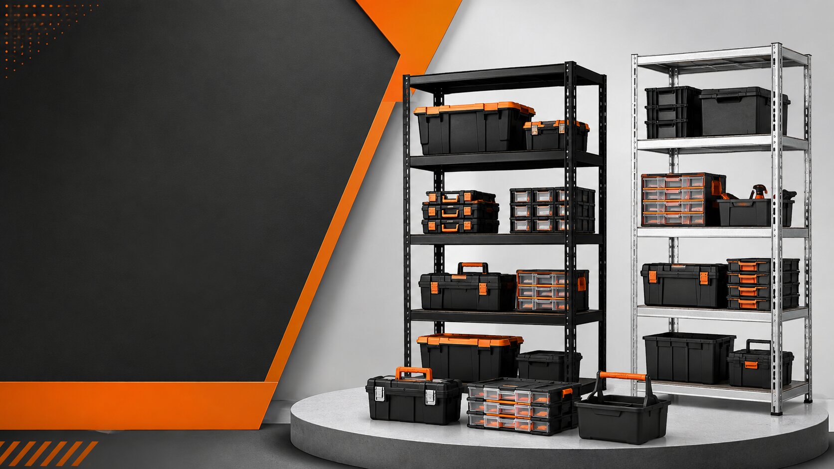 Industrial storage shelves filled with black toolboxes with orange latches on a round concrete platform against a gray backdrop.