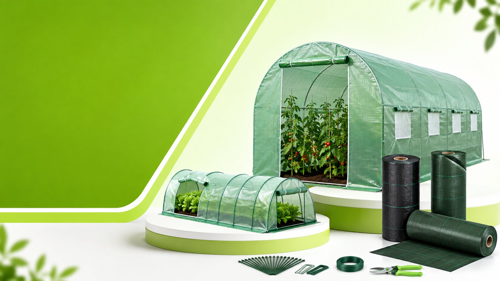 Greenhouse setup on a white and lime display: a large curved greenhouse with planted rows and rolls of greenhouse film nearby.