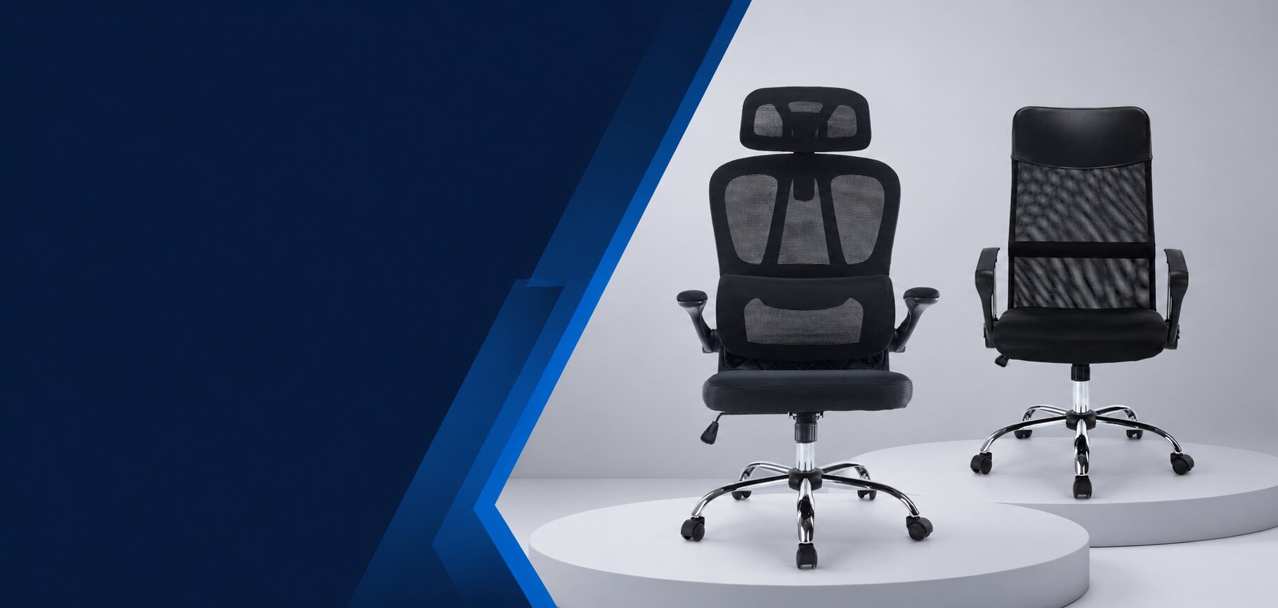 Two ergonomic office chairs on white circular platforms against a blue geometric backdrop in a studio display.
