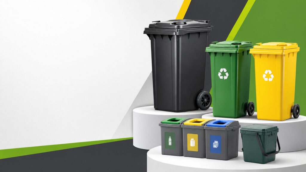 Color-coded recycling bins on white platforms: black trash, green recycle, yellow recycling, with smaller gray bins in front and a green carry bucket on the right.- banery-strefamarki 8&nbsp;