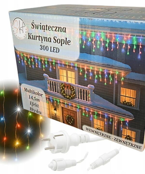 Lampki LED 300 Kurtyna Świetlna Sople ZEWNĘTRZNE Girlanda multikolor FLASH