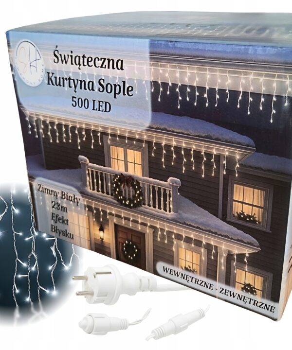 Lampki LED 500 Kurtyna Świetlna Sople ZEWNĘTRZNE Girlanda FLASH zimny biały