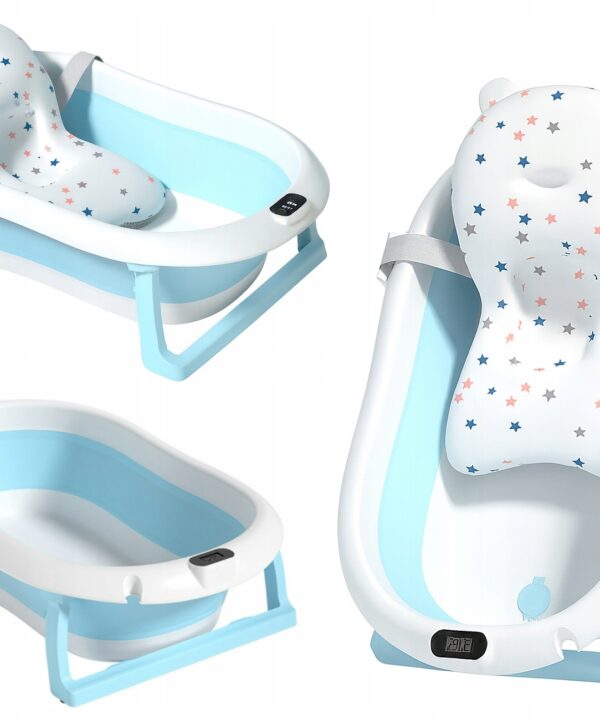 Light blue and white baby bath system with a star-pattern cushioned insert and a digital display.