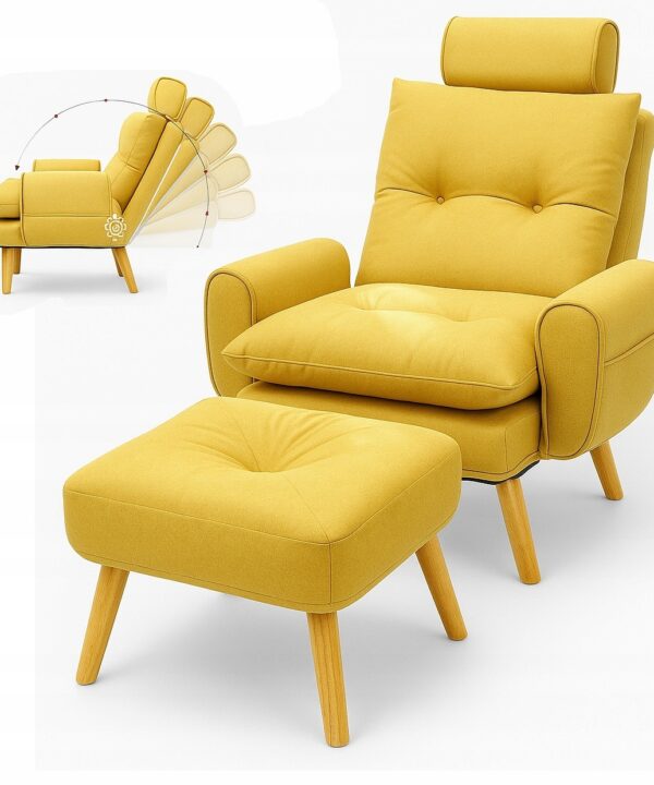Yellow upholstered armchair with matching cushioned ottoman on light wood legs, mid-century style.