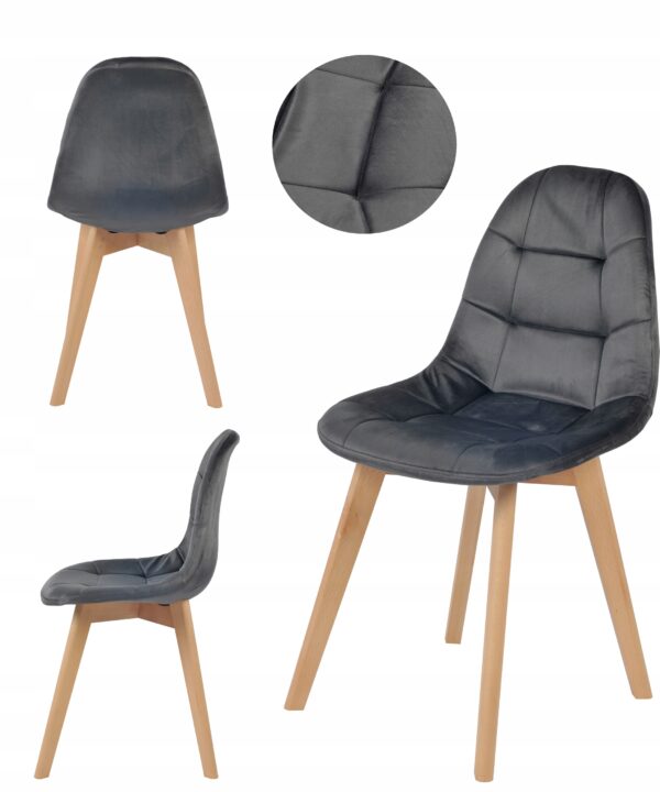 Three gray padded chairs with light wood legs shown from different angles on a white background.