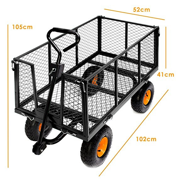 Black metal mesh utility wagon with a long handle and four orange wheels; bed measures about 102 cm long, 52 cm wide, 41 cm high (105 cm with handle).